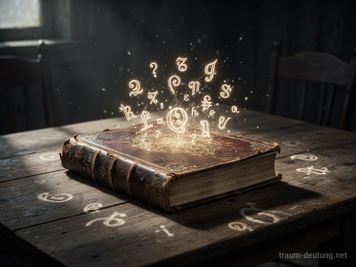 Ein altes Buch mit leuchtenden Symbolen auf einem Tisch.