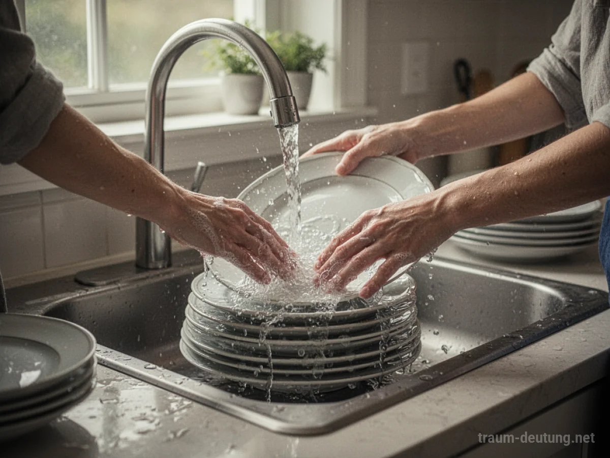 Hände spülen Geschirr in einer Spüle mit sauberem Wasser.