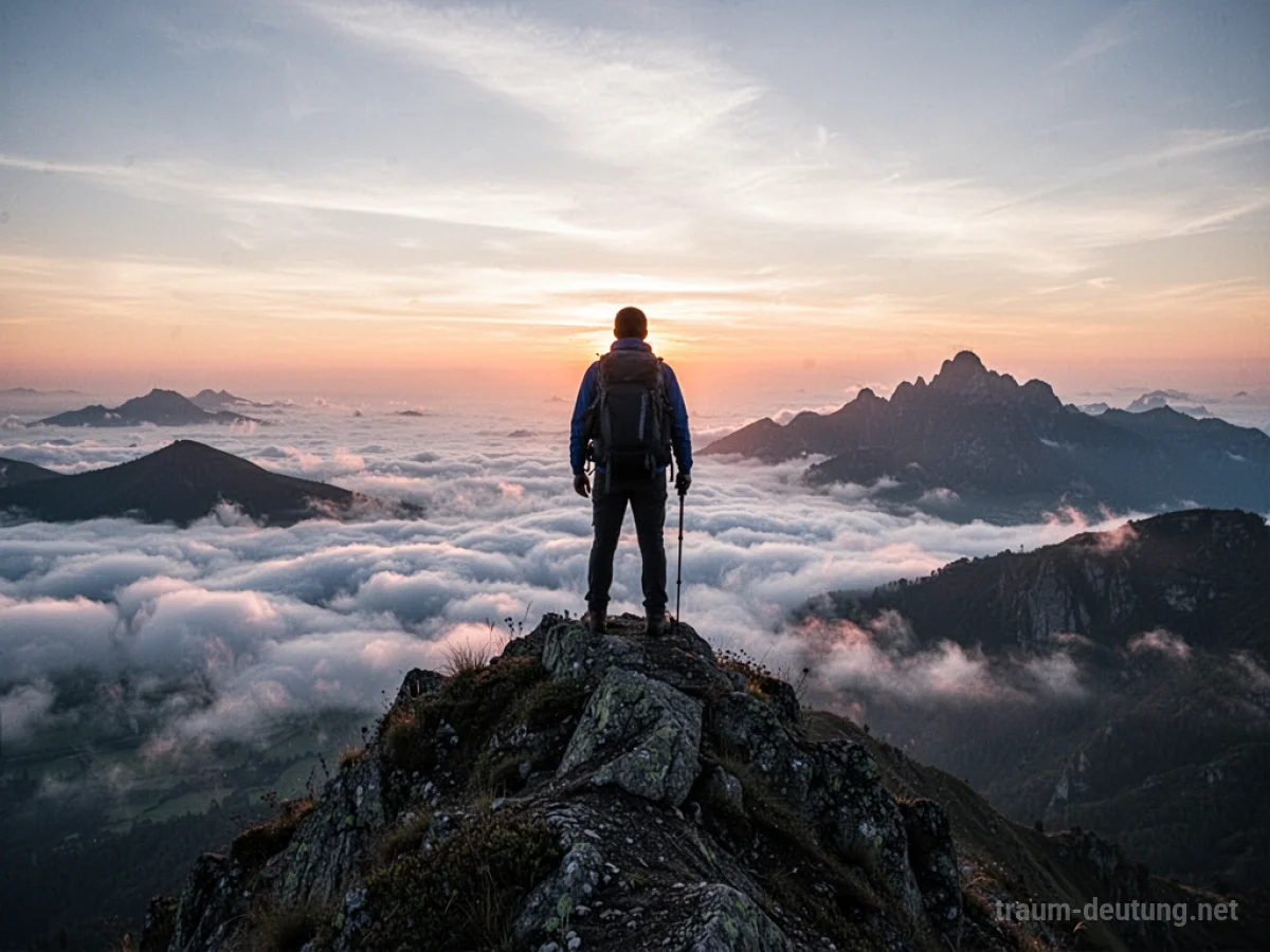 Wanderer erreicht Gipfel eines Berges bei Sonnenaufgang, Blick über Wolkenmeer.