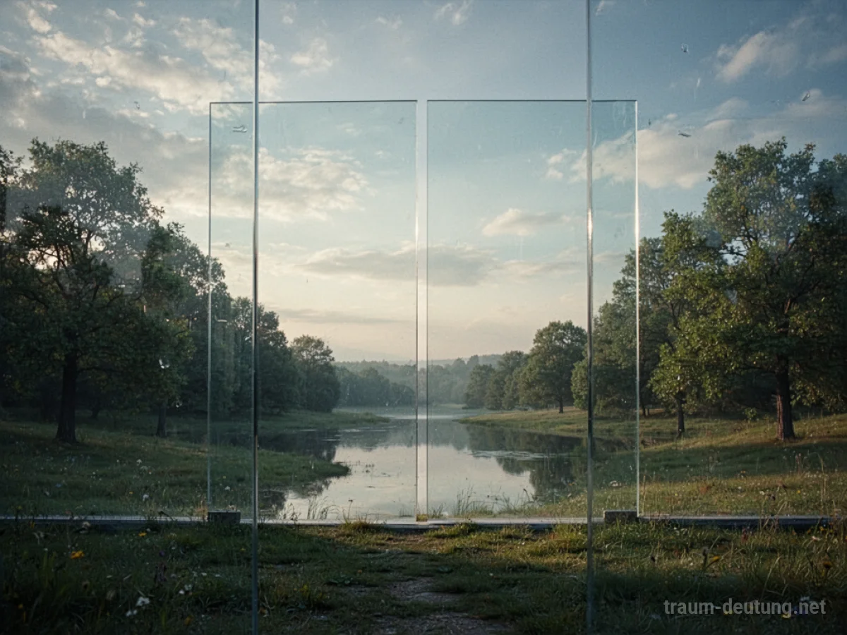 Eine transparente Glaswand steht in einer ruhigen Landschaft.