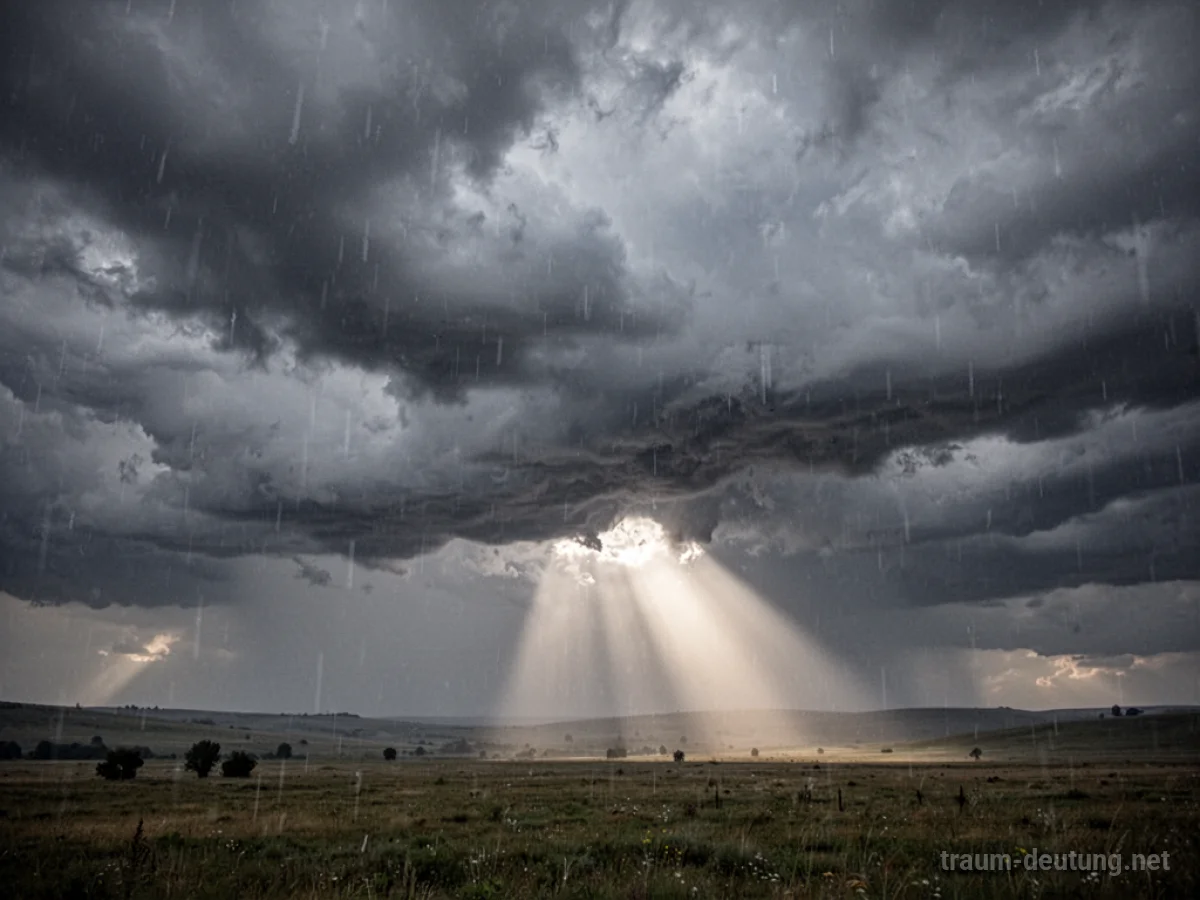 Graue Regenwolken am Himmel mit einem Lichtstrahl
