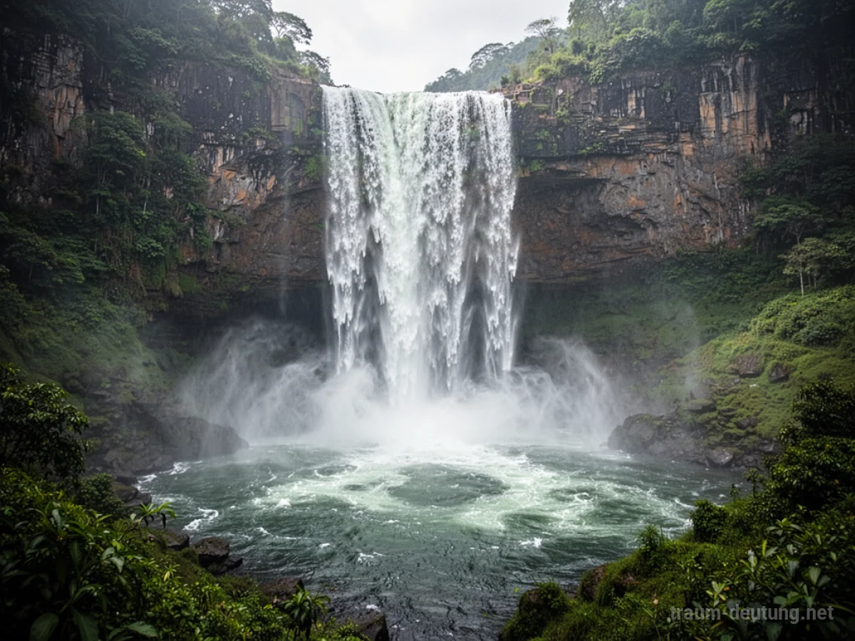 Ein gewaltiger Wasserfall stürzt tosend in die Tiefe, umgeben von üppiger Natur.