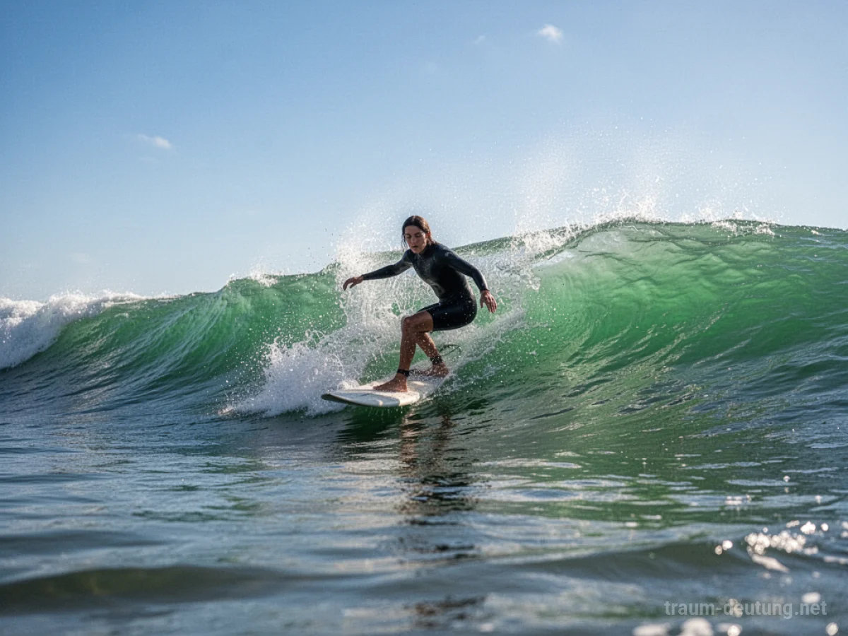 Person surft eine grüne Welle auf dem Meer