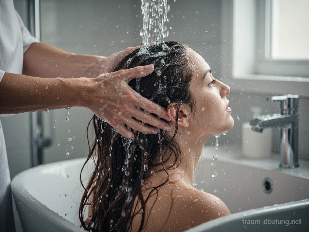Hände waschen lange Haare unter fließendem Wasser.