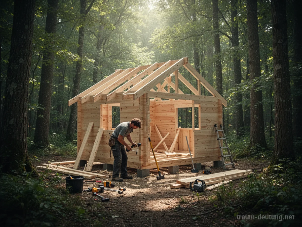 Person baut ein kleines Holzhaus im dichten Wald