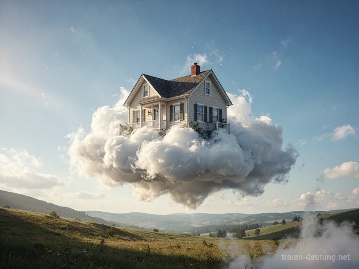 Ein Haus schwebt auf einer großen Wolke am blauen Himmel.