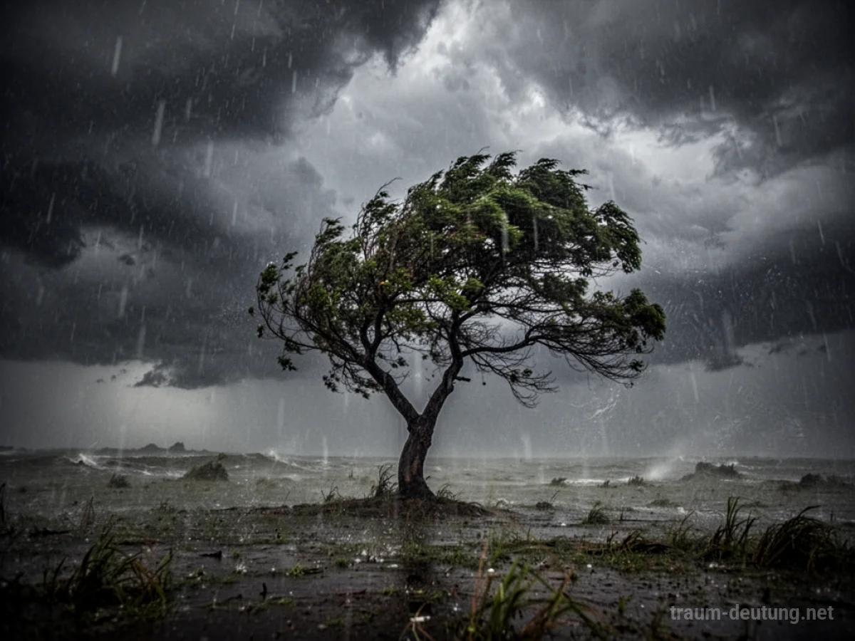 Dunkler Himmel mit peitschendem Regen und Wind, ein einzelner Baum biegt sich im Sturm.