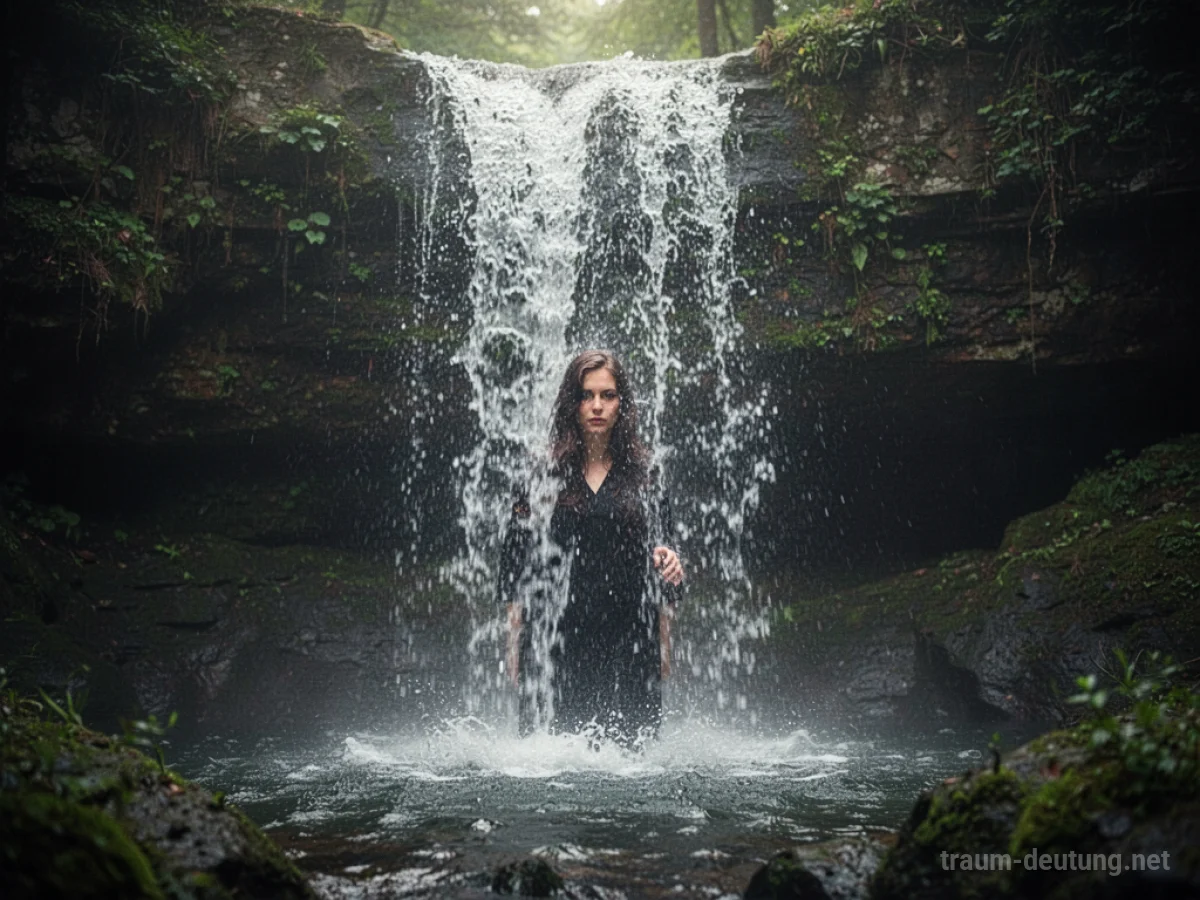 Person versteckt sich hinter einem tosende Wasserfall