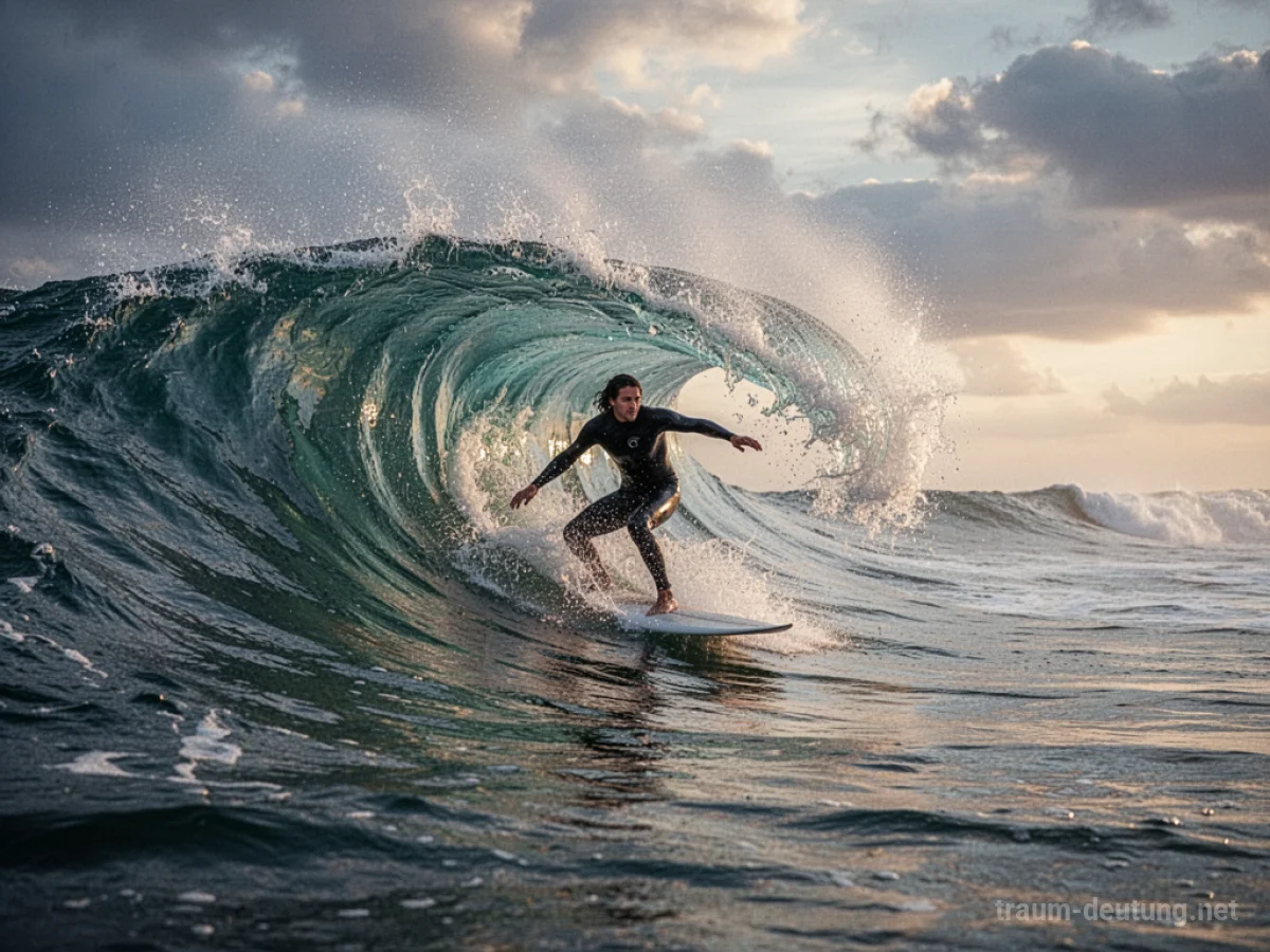 Person reitet gekonnt eine hohe Welle auf einem Surfbrett
