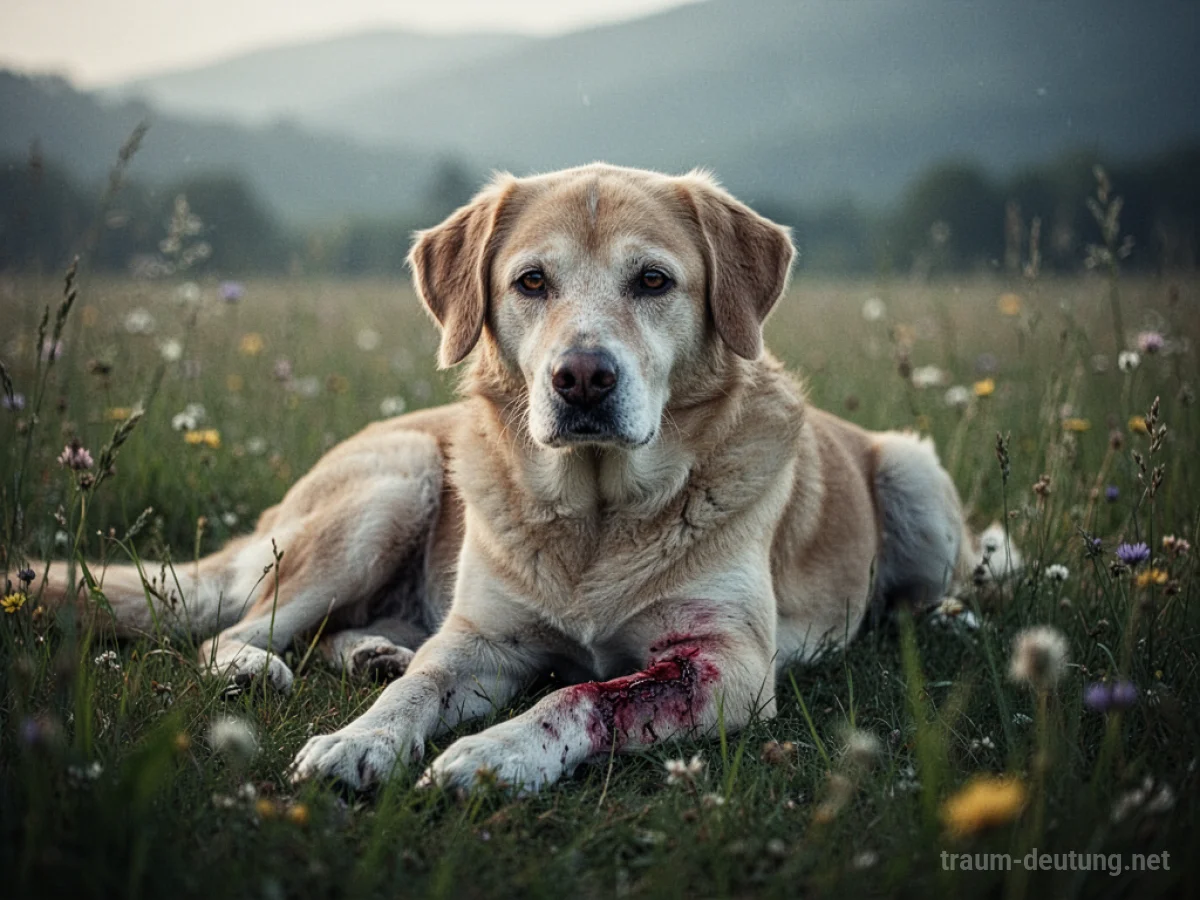 Hund mit einer sichtbaren Wunde am Bein liegt in einer Wiese.