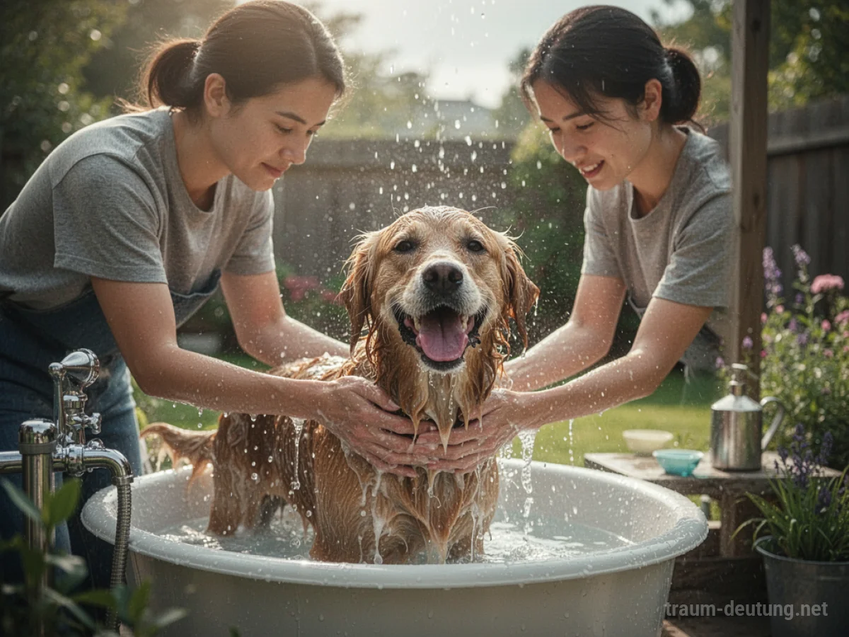 Eine Person wäscht einen fröhlichen Hund im Freien.