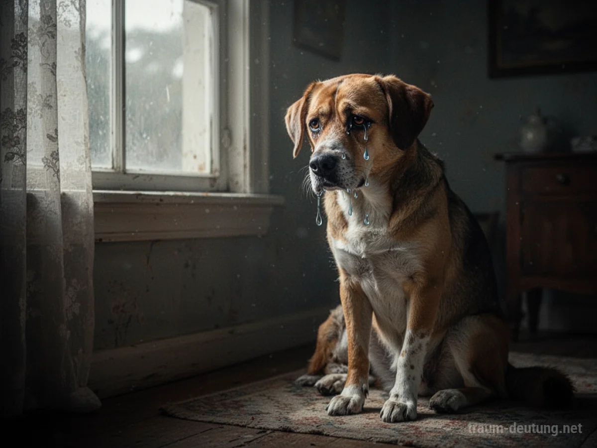 Ein weinender Hund sitzt in einem dunklen Raum und blickt aus dem Fenster.