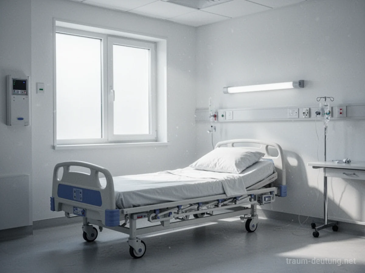 Helles, steriles weißes Krankenhauszimmer mit Bett und Sonnenlicht.