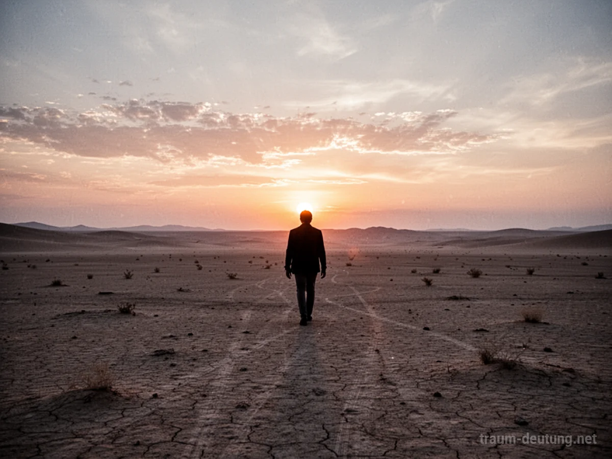 Silhouette einer Person, die in einer weiten Wüste bei Sonnenuntergang geht.