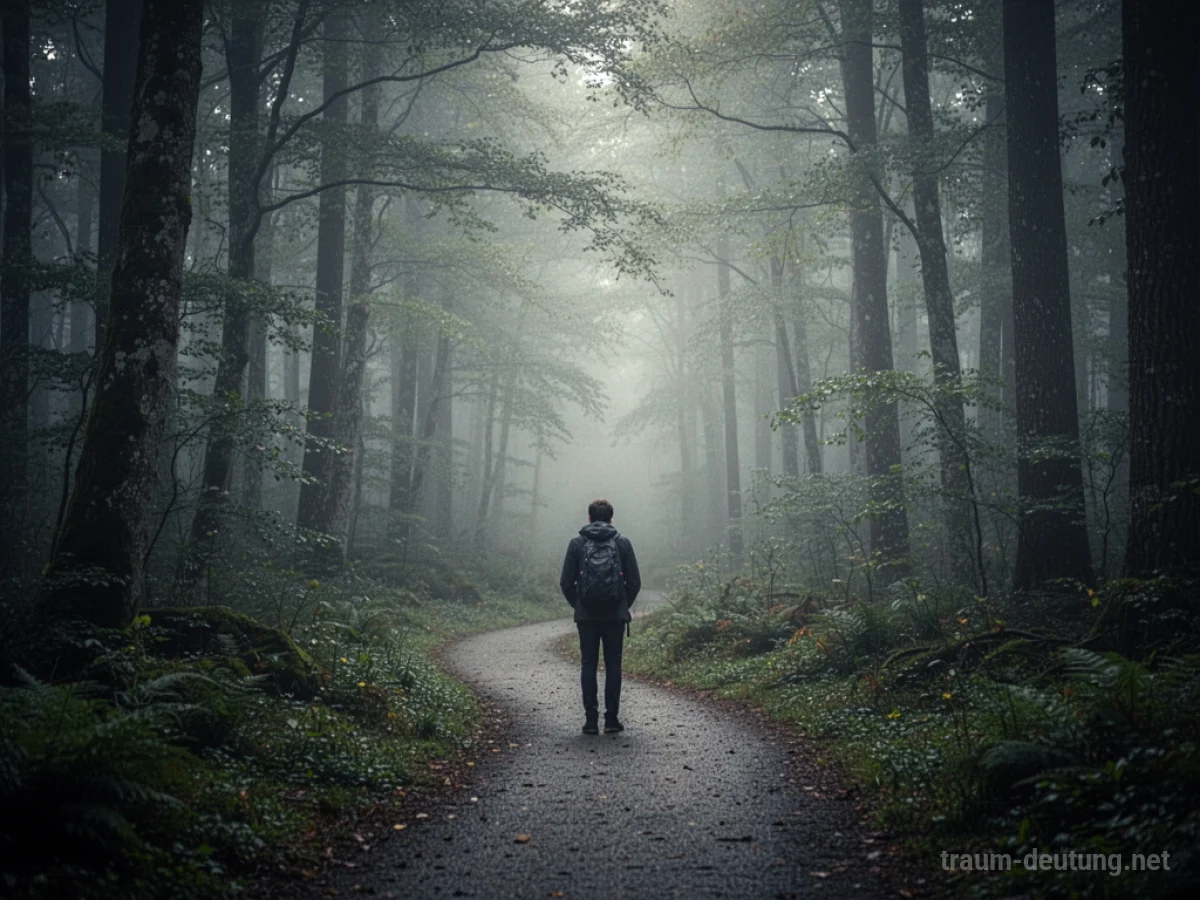 Verlorene Person auf einem verschlungenen Pfad im Nebelwald.