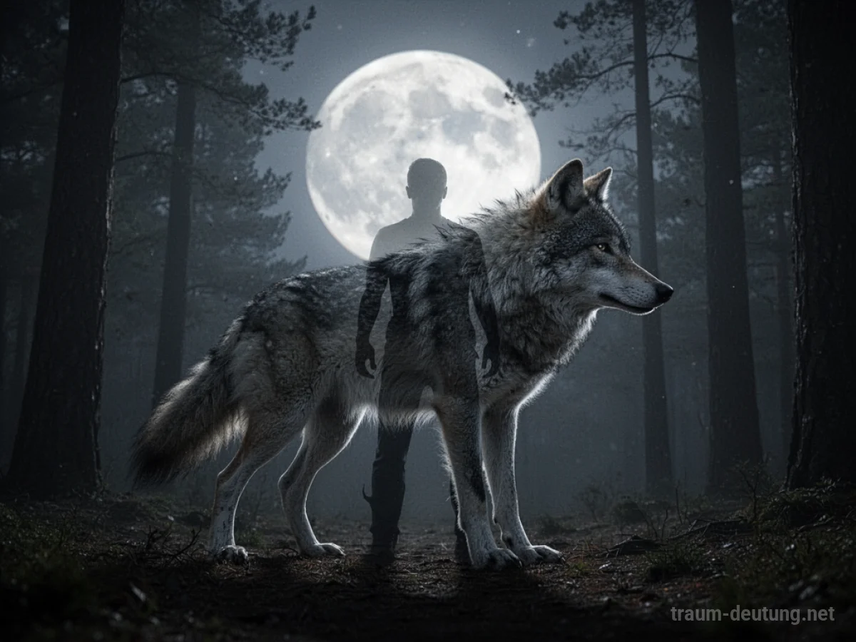 Menschliche Silhouette verwandelt sich langsam in einen Wolf im Mondlicht