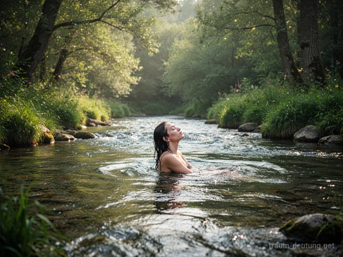 Eine Person badet friedlich in einem klaren Fluss inmitten grüner Natur.