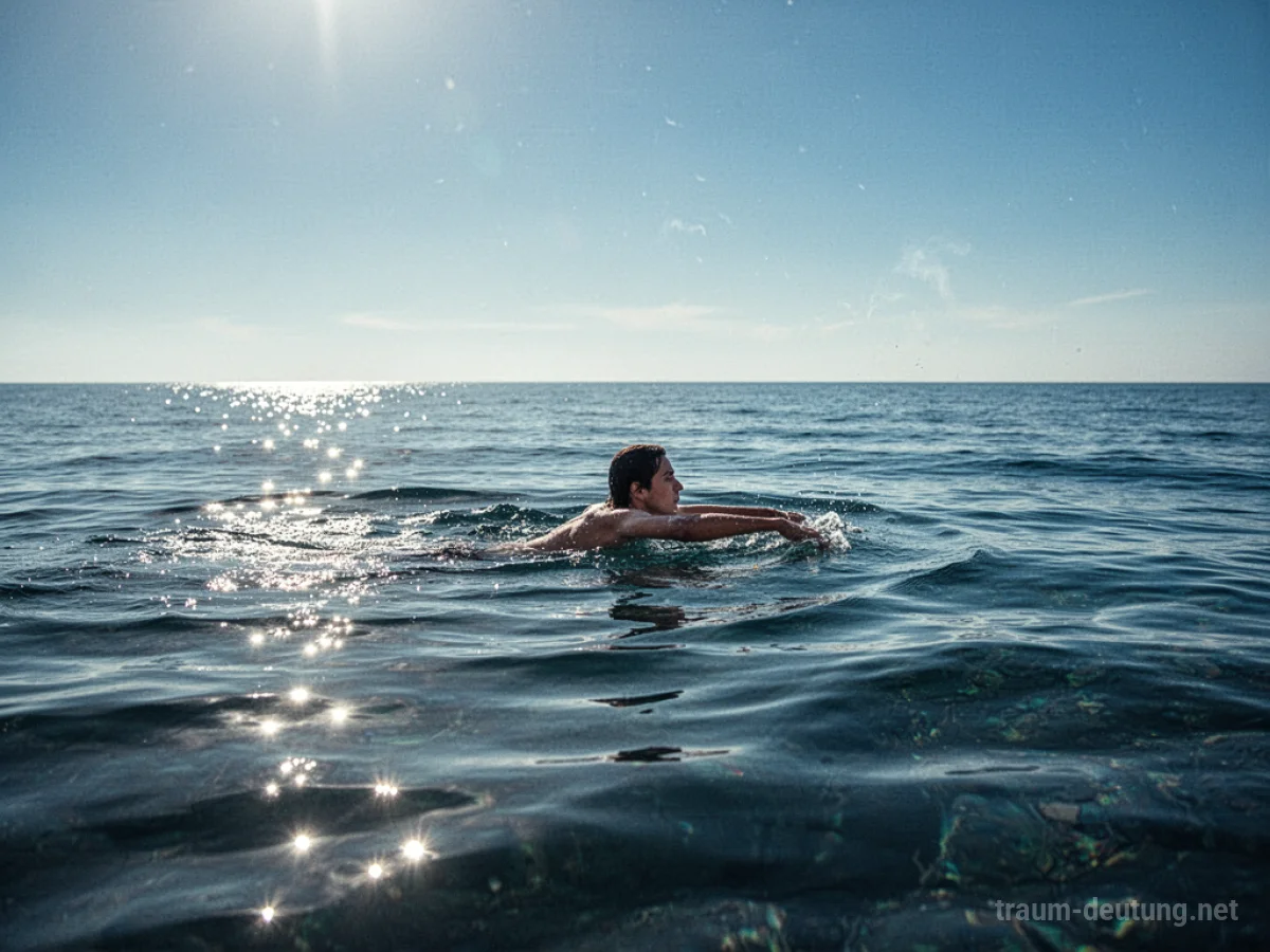 Eine Person schwimmt im weiten, ruhigen Meer unter klarem Himmel.