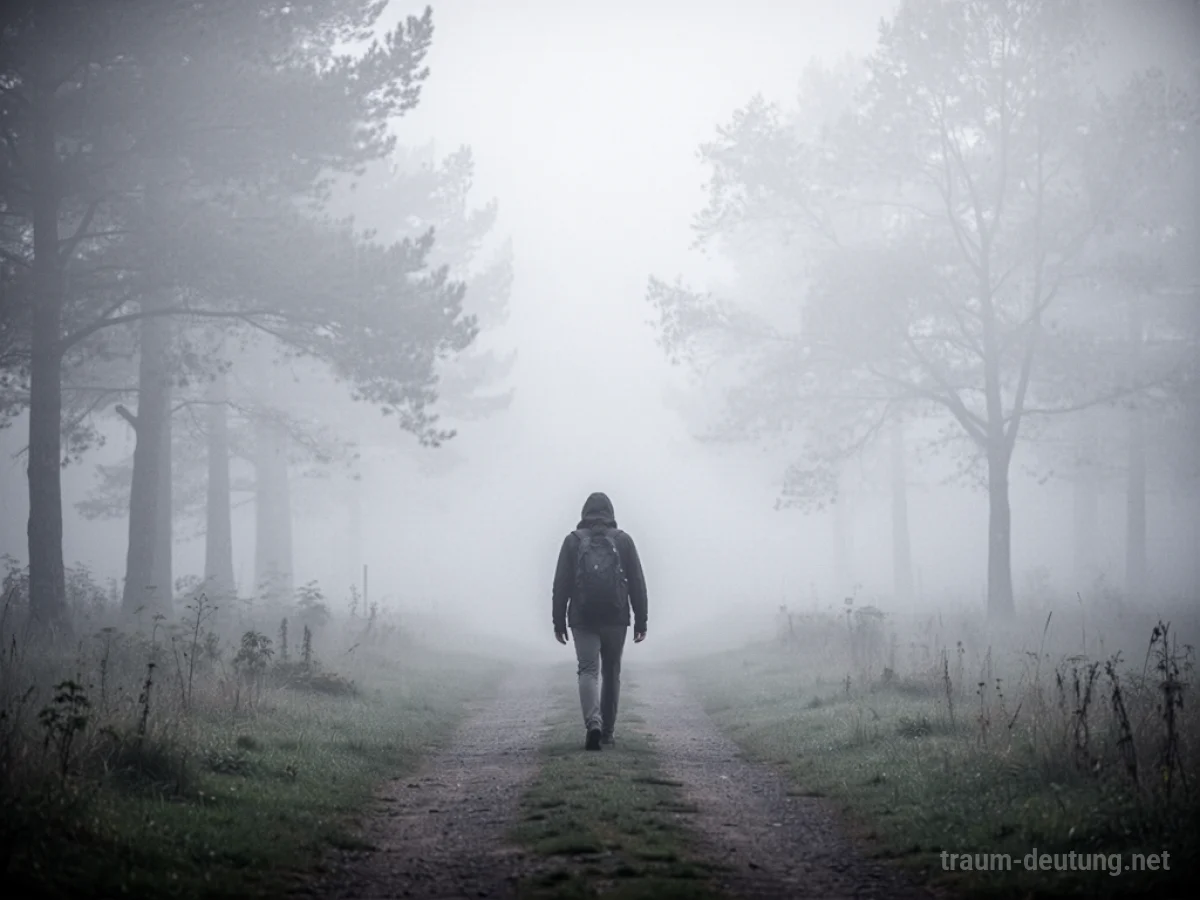 Eine Person wandert auf einem Pfad durch dichten Nebel, die Sicht ist stark eingeschränkt.