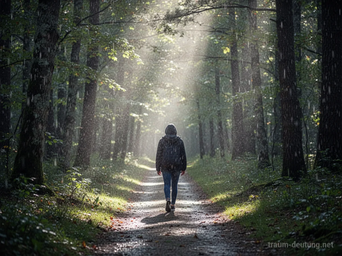 Person wandert auf einem Weg durch einen Wald bei leichtem Regen.