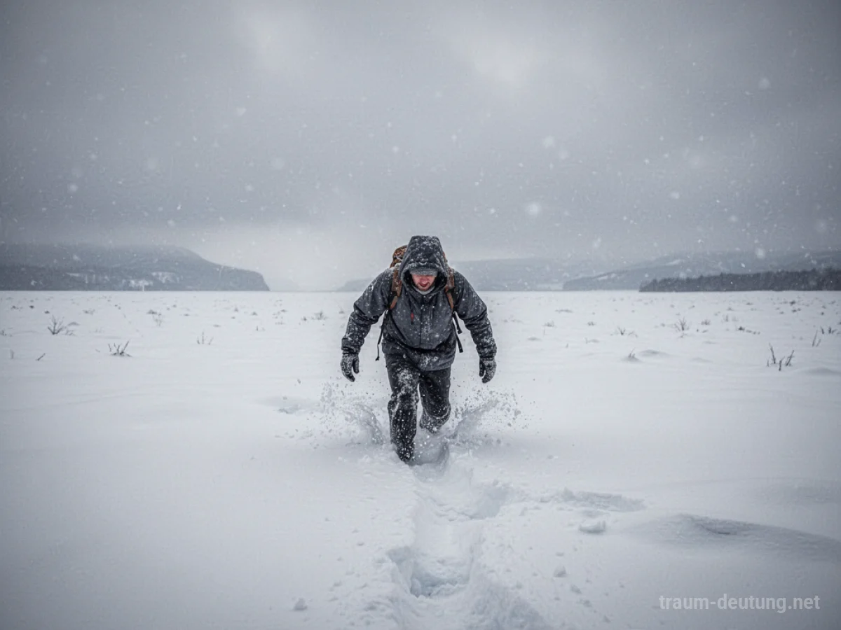 Person kämpft sich durch tiefen Schnee in einer weiten, leeren Landschaft