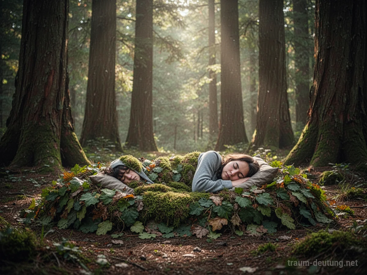 Eine Person schläft friedlich in einem rustikalen Lager im Wald.