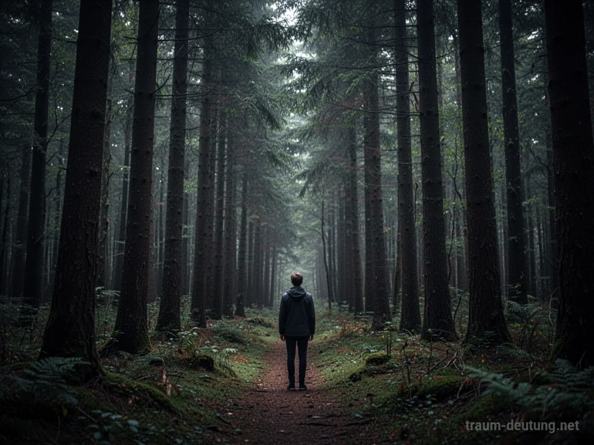 Eine Person steht allein in einem dichten, dunklen Wald und sucht den Weg.