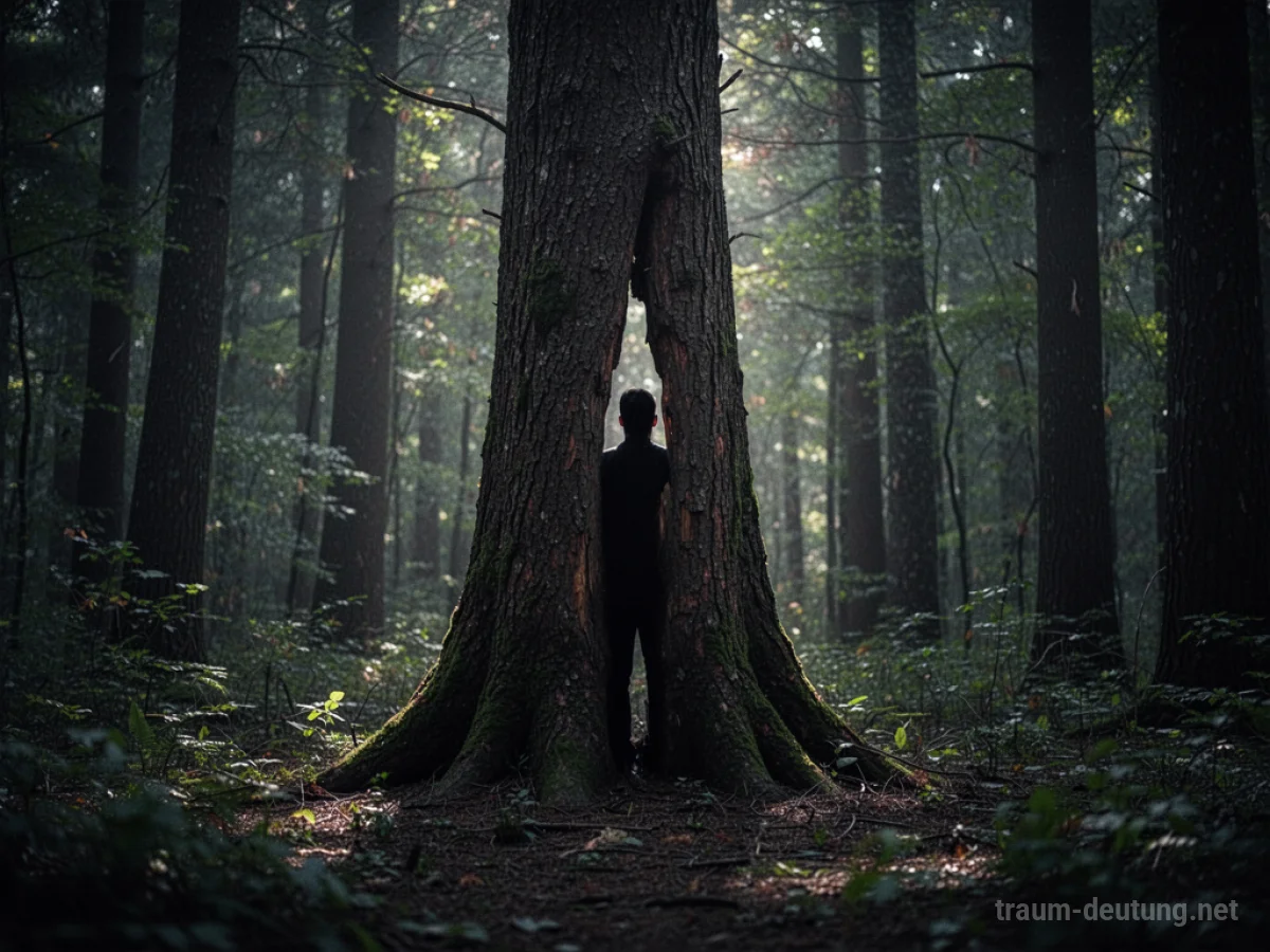 Silhouette einer Person versteckt sich hinter einem Baum im Wald