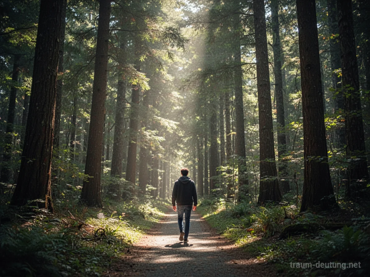 Eine Person wandert auf einem Pfad durch einen dichten Wald.