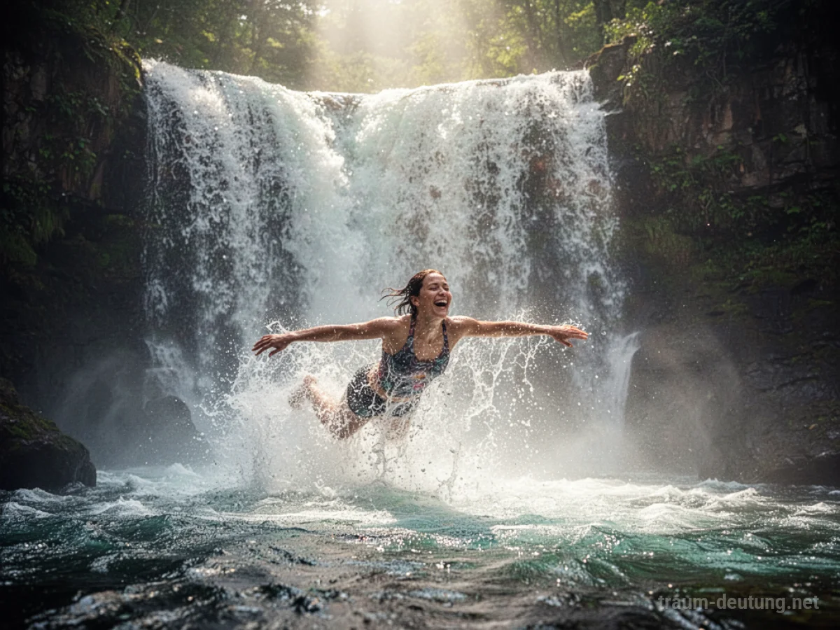 Eine Person schwimmt in einem tosenden Wasserfall.