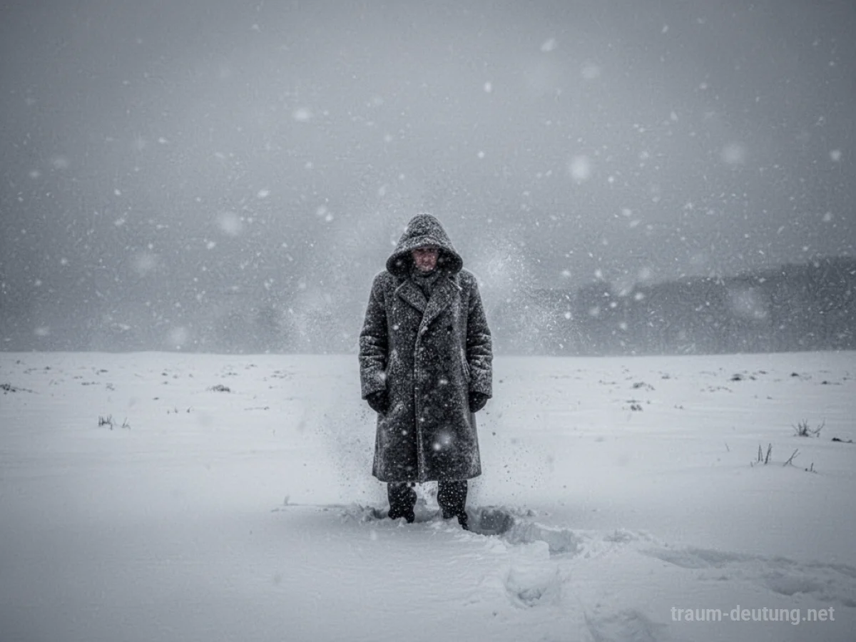 Eine Person steht allein in einer verschneiten Winterlandschaft unter grauem Himmel.