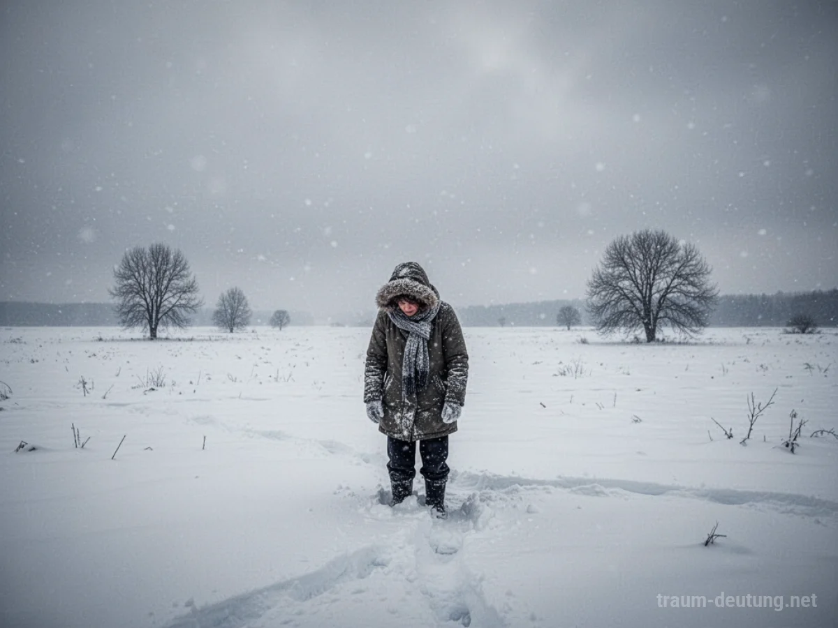 Eine Person, die im tiefen Schnee friert und zittert in einer kargen Winterlandschaft.