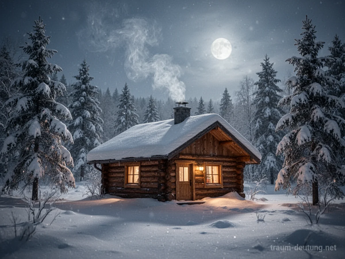 Gemütliche Hütte im Schnee bei Nacht