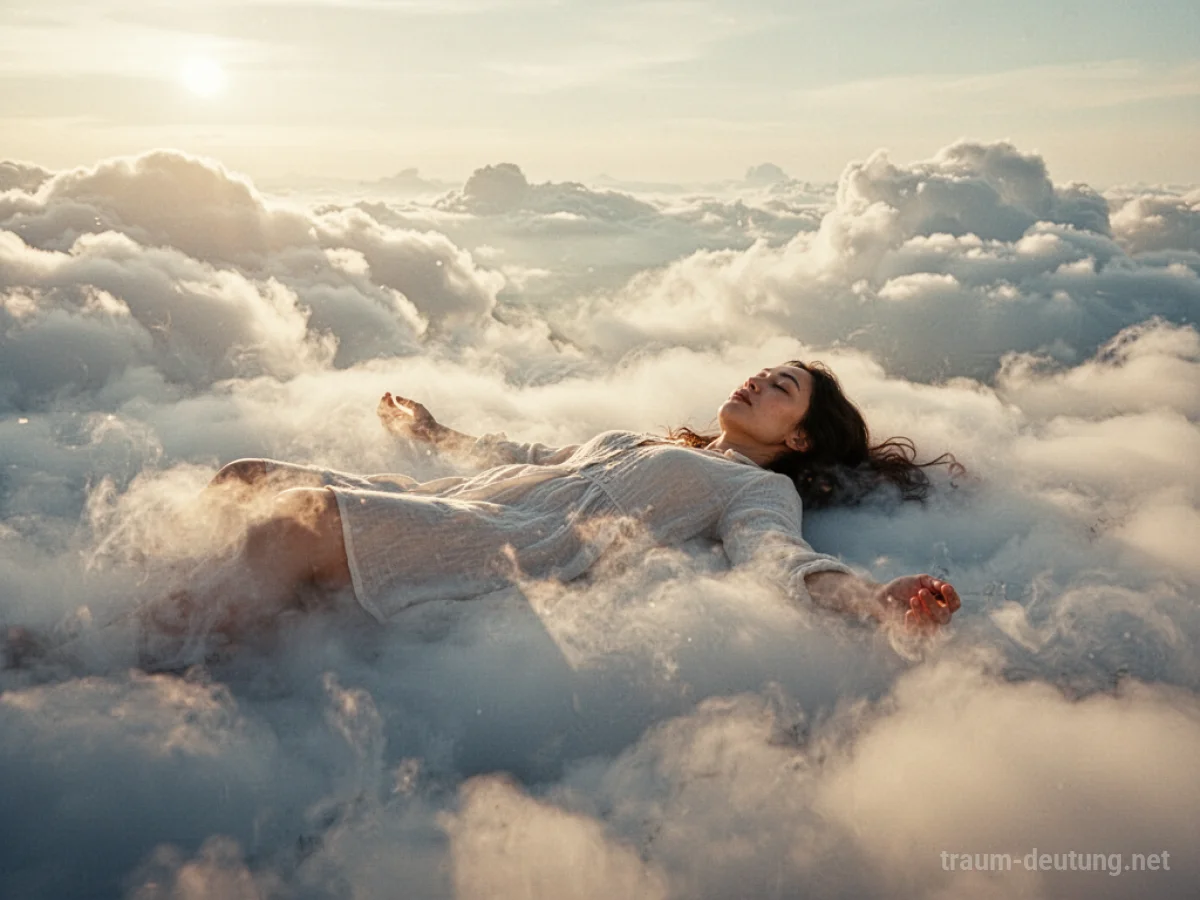 Person schwebt leicht in weißen Wolken im Sonnenlicht.
