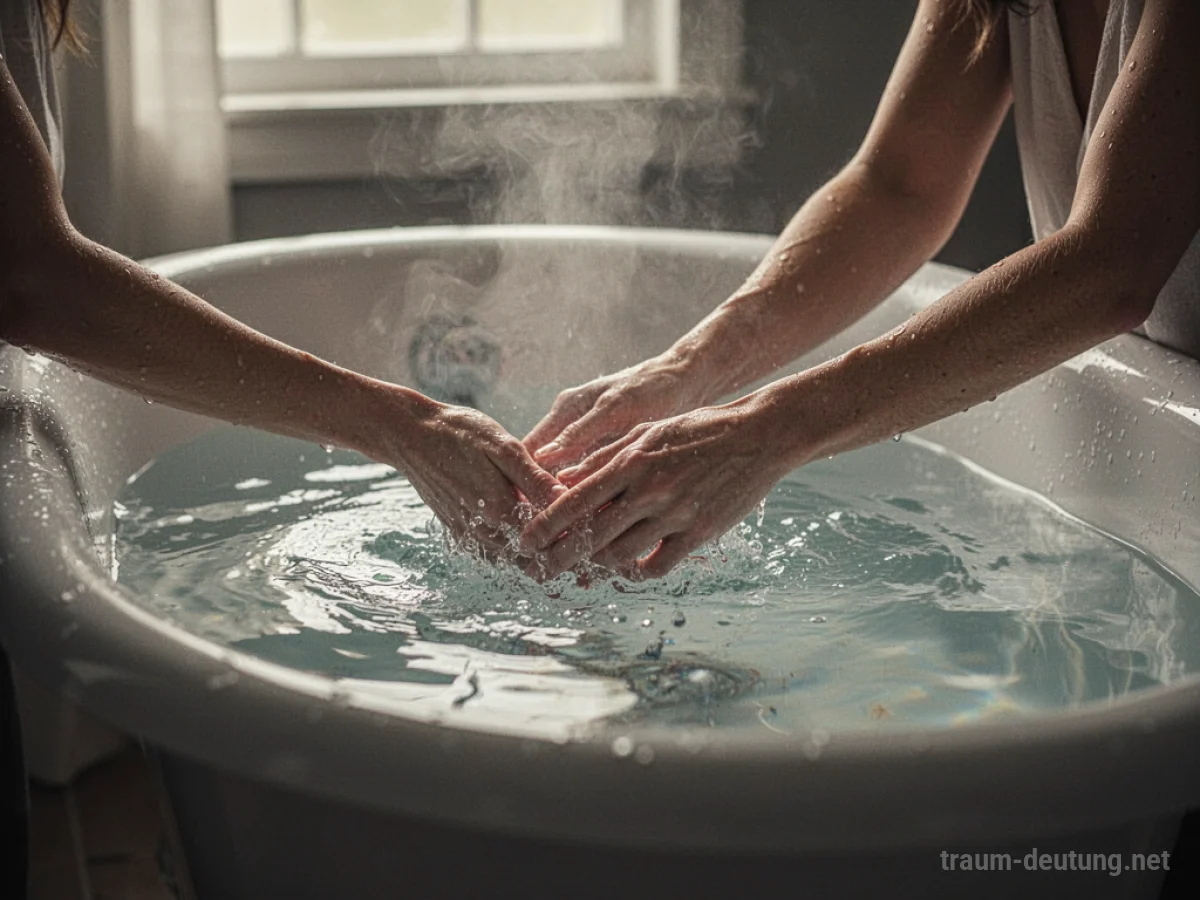 Hände waschen sich in einer Badewanne mit klarem Wasser.