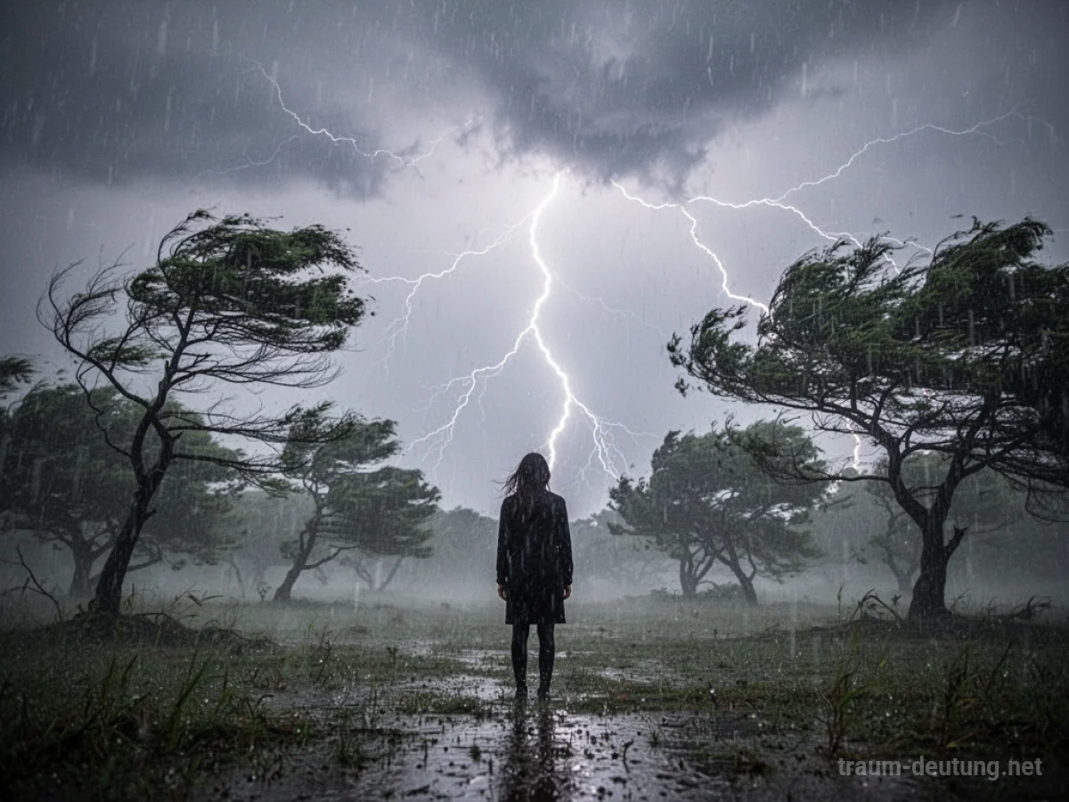 Person steht mitten in einem heftigen Gewitter mit Blitz und Regen.