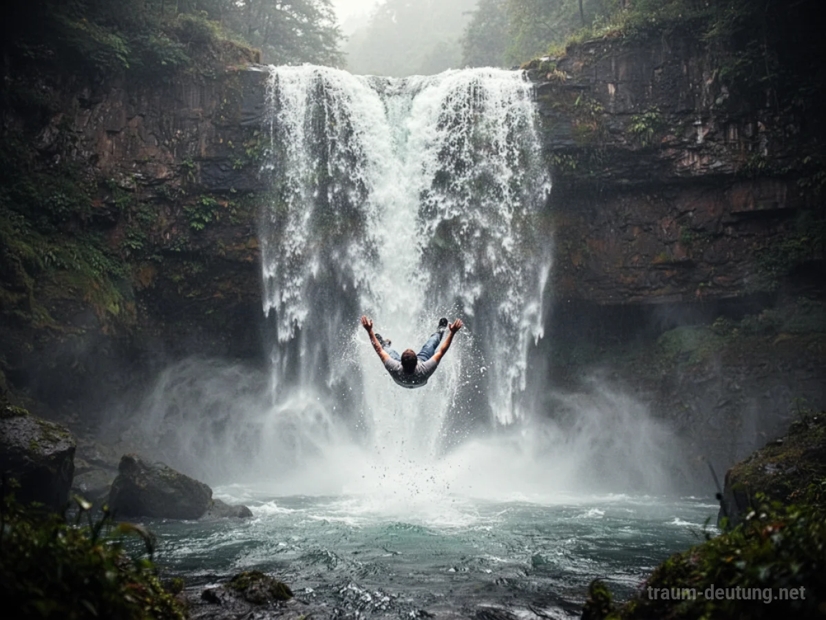 Person fällt in einen tosende Wasserfall im Traum.