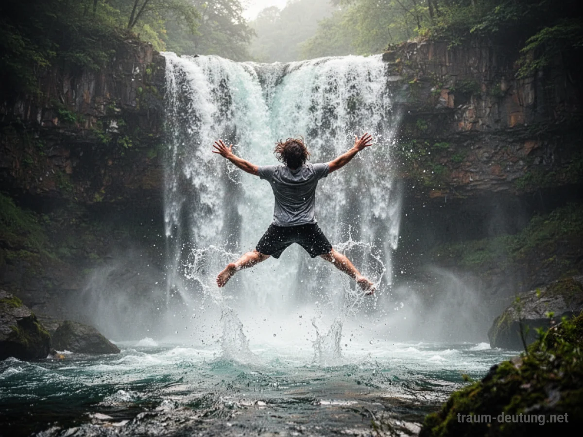 Person springt kopfüber in einen tosenden Wasserfall.
