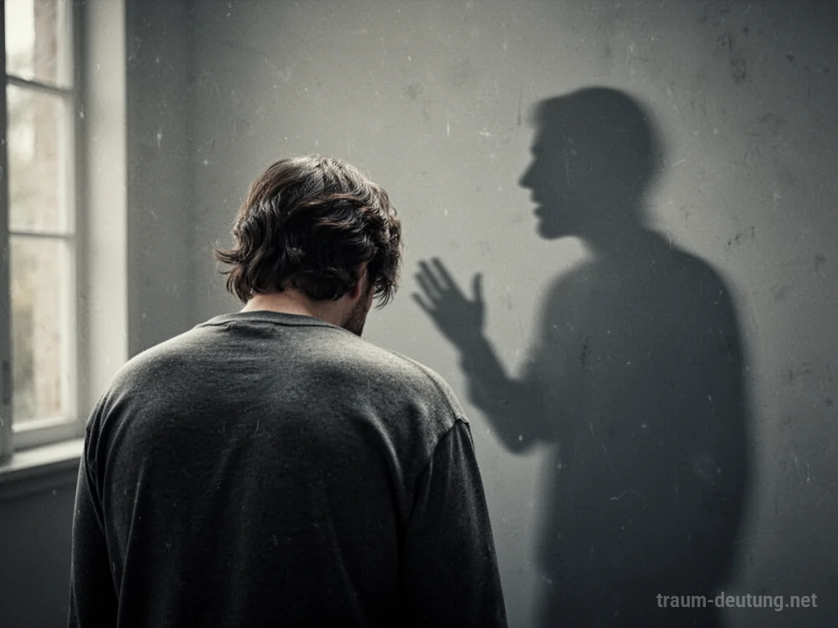 Silhouette einer Person, die von einer dunklen Gestalt bedrängt wird und Anzeichen von Traurigkeit zeigt.