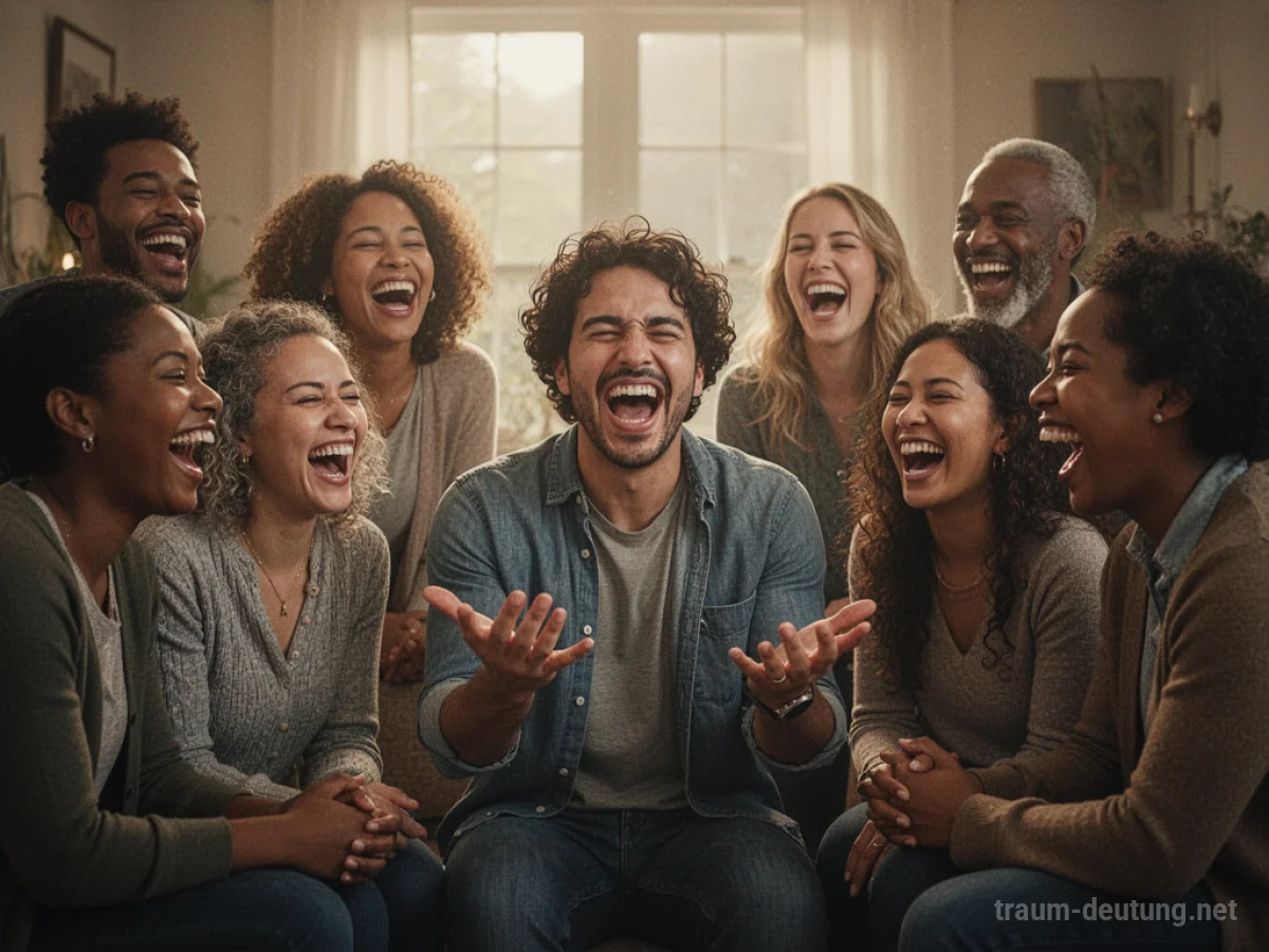 Menschen lachen gemeinsam, während einer einen Witz erzählt.