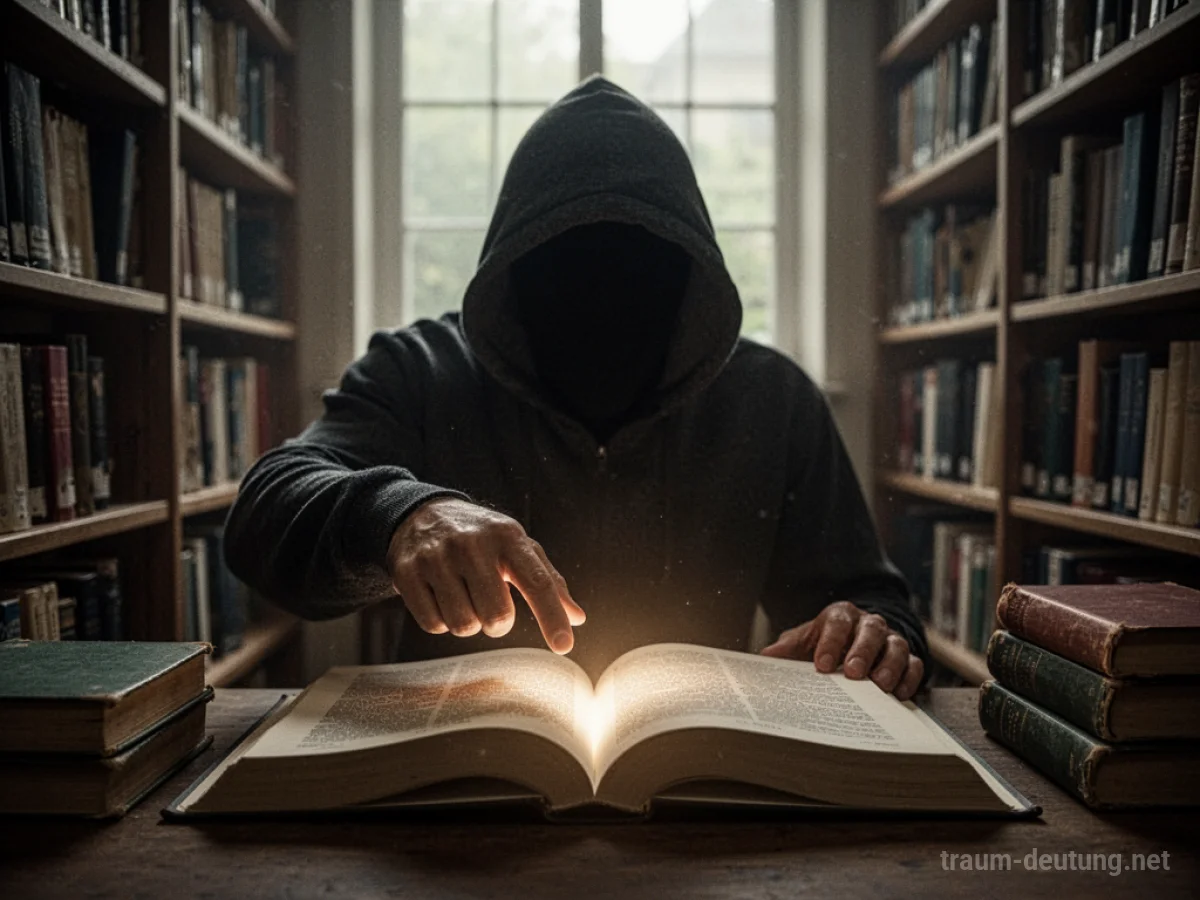 Schattenhafte Figur zeigt auf ein leuchtendes Buch in einer Bibliothek