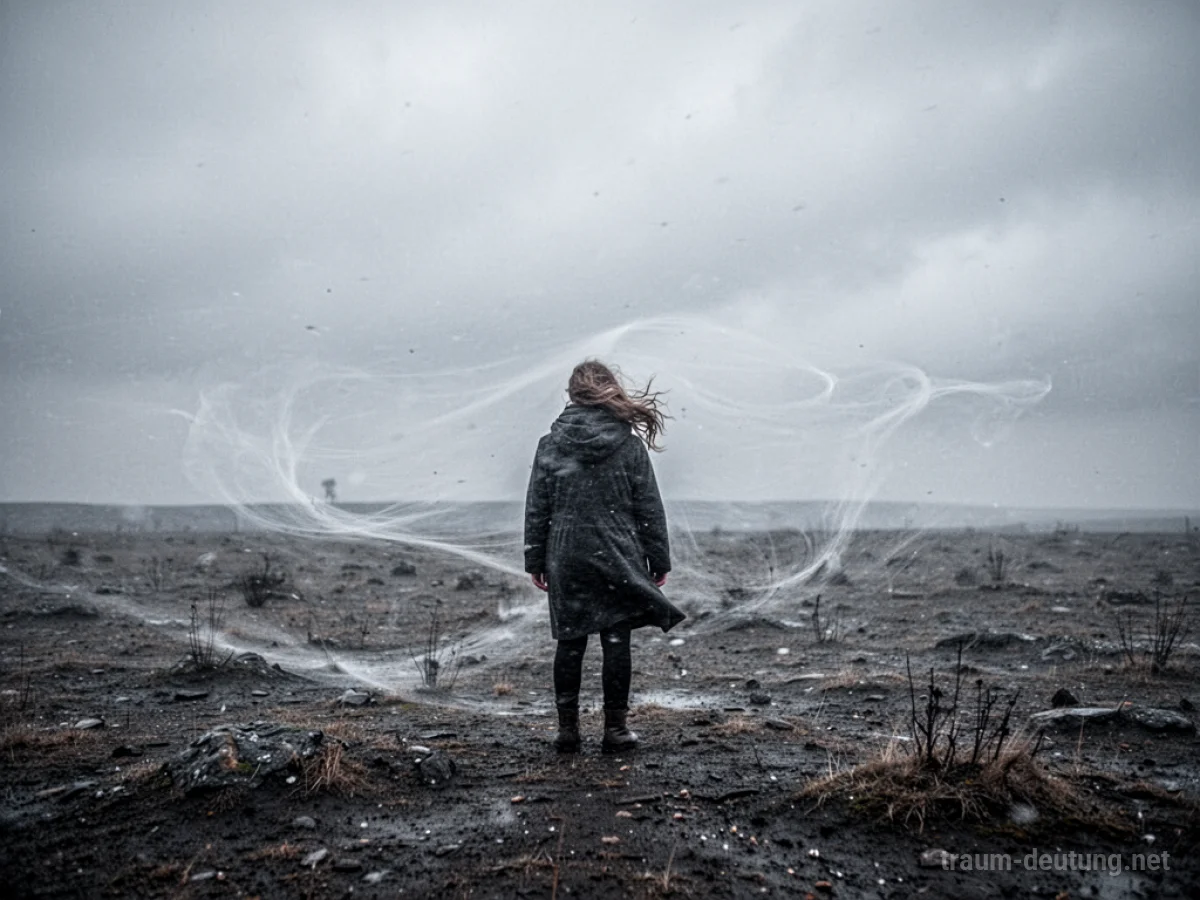 Eine einsame Figur im starken, kalten Wind in einer kargen Landschaft.