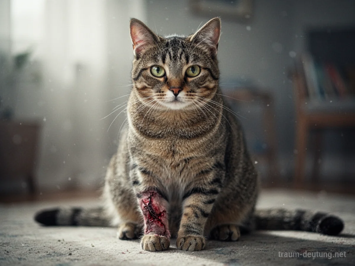 Eine Katze mit einer sichtbaren Wunde am Bein blickt ruhig in die Kamera.