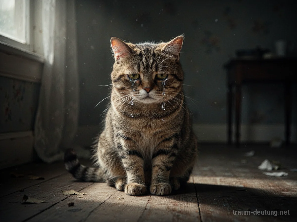 Eine traurige Katze mit Tränen in den Augen sitzt allein in einem Raum.