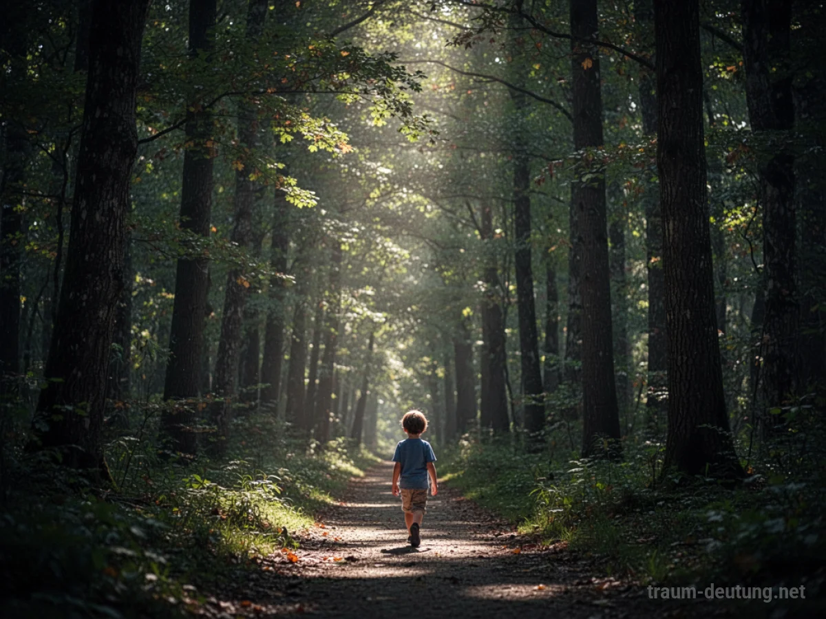 Kind geht alleine auf einem Pfad im Wald