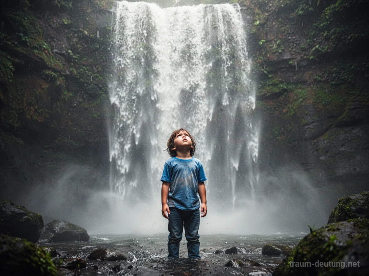 Kind steht unter einem mächtigen Wasserfall und blickt nach oben.