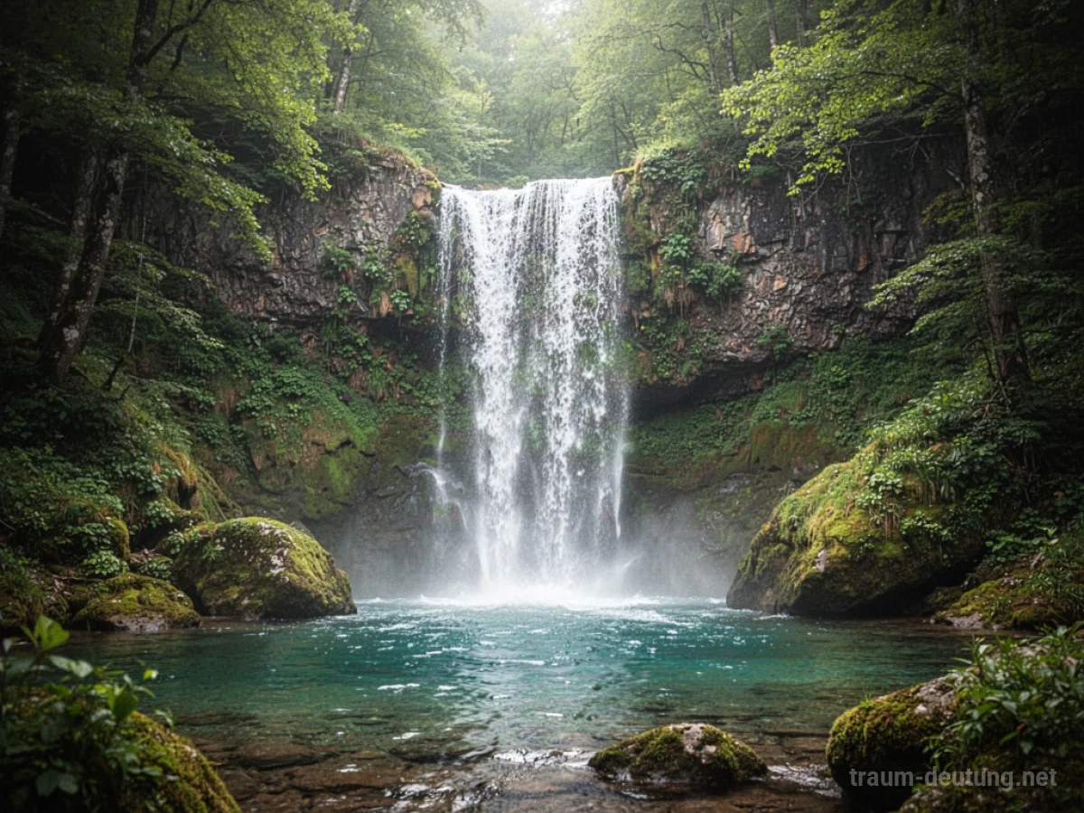 Ein klarer Wasserfall stürzt über moosbewachsene Felsen in einen ruhigen Pool.