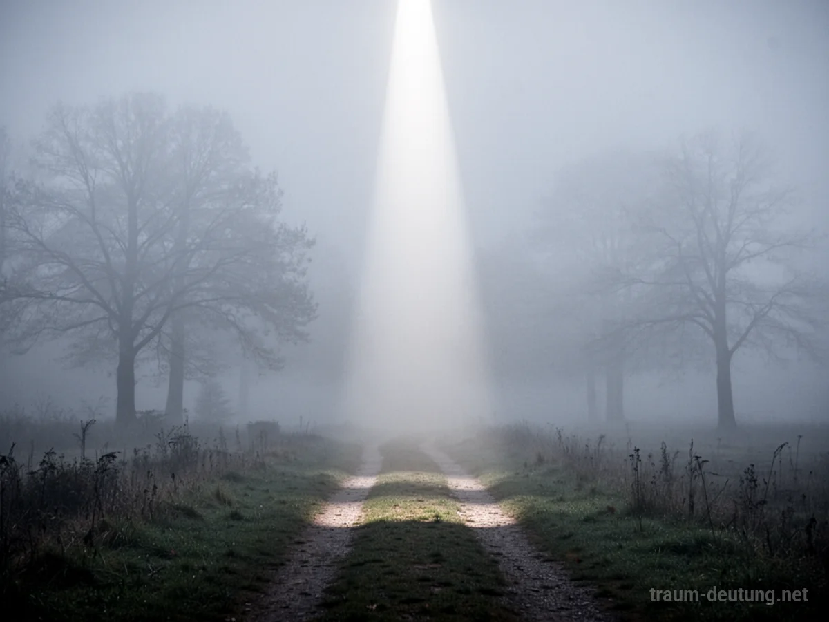 Ein Lichtstrahl durchdringt Nebel und beleuchtet einen Weg.