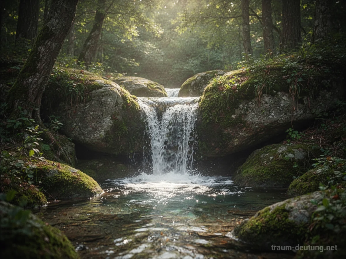 Kleiner Wasserfall stürzt sanft über Moos bewachsene Felsen in einem ruhigen Wald.