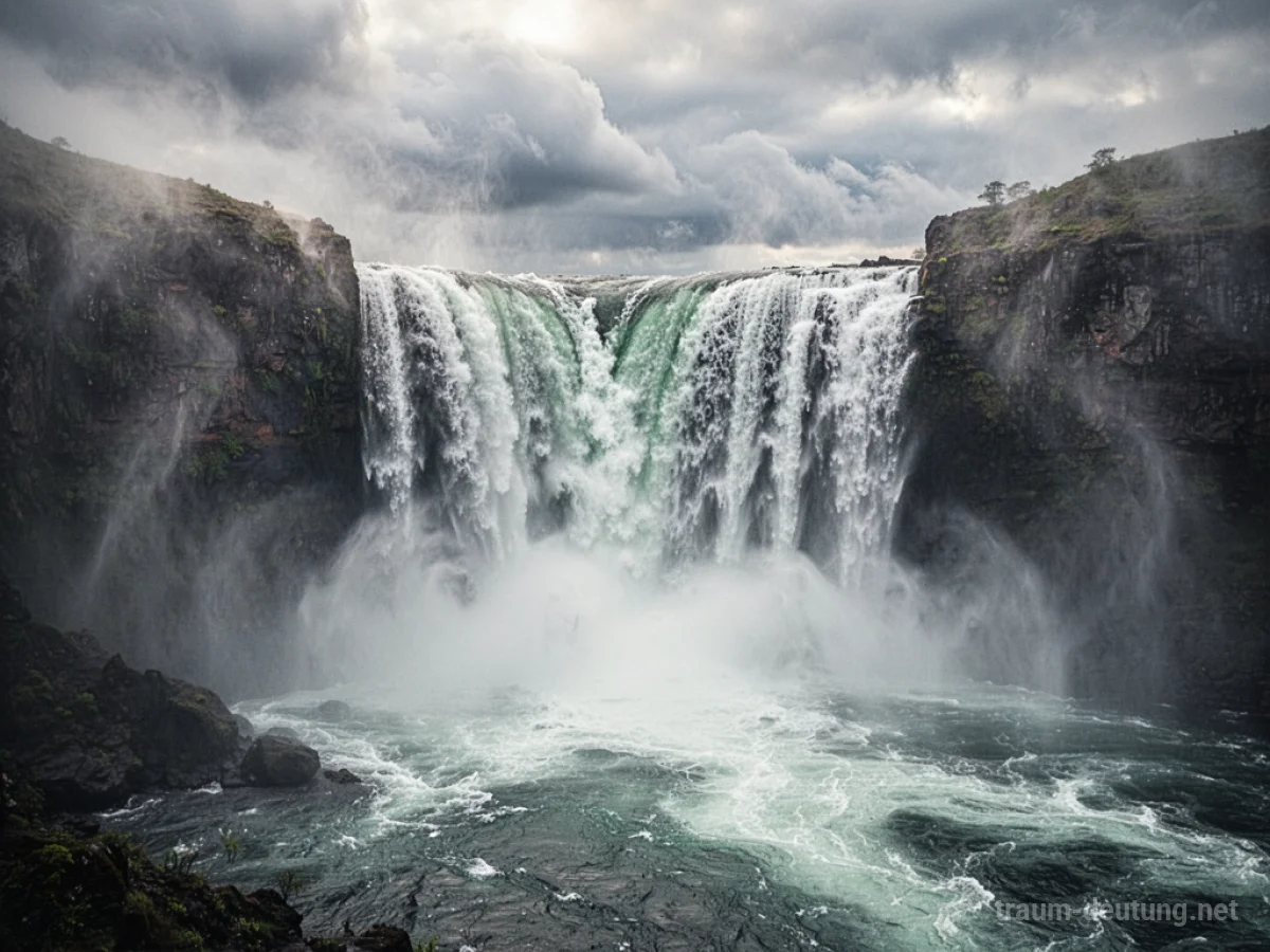 Ein kochender Wasserfall mit aufsteigendem Dampf und wirbelndem Wasser.